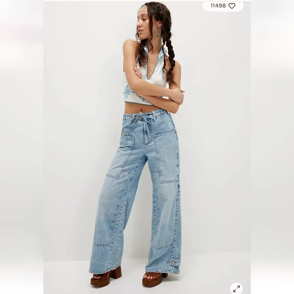 Free People We The Free Curvy Outlaw Wide‎ Leg Denim Jeans Tie Front